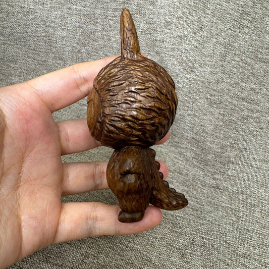 Black Walnut Cute Anime Figure – Exquisite Wooden Carving Chocolate Color Cartoon Ornament · Winged Bubu